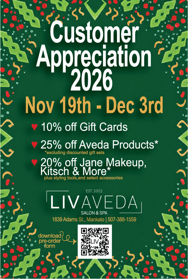 Customer Appreciation 2026 event flyer for Liv Aveda Salon & Spa, Nov 19th - Dec 3rd, featuring product discounts and a QR code to download a pre-order form. - LIV Aveda Salon & Spa in Mankato, MN